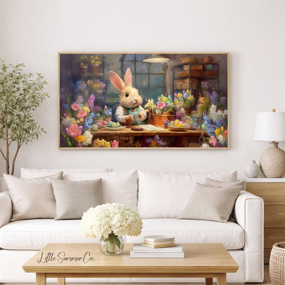 Easter Bunny Decorating Eggs Frame TV Art displayed on a TV