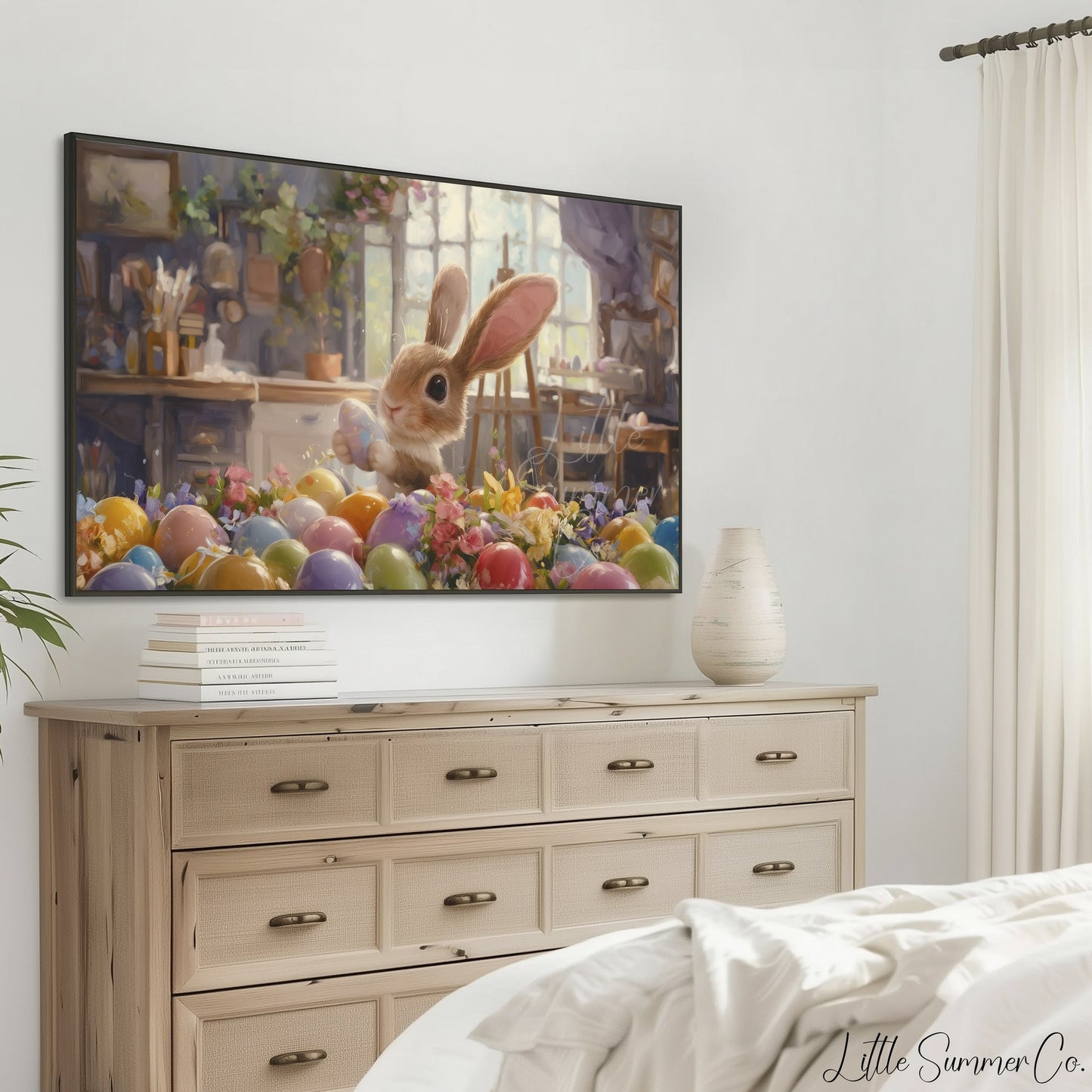 Easter Bunny with Painted Eggs Frame TV Art displayed on a TV