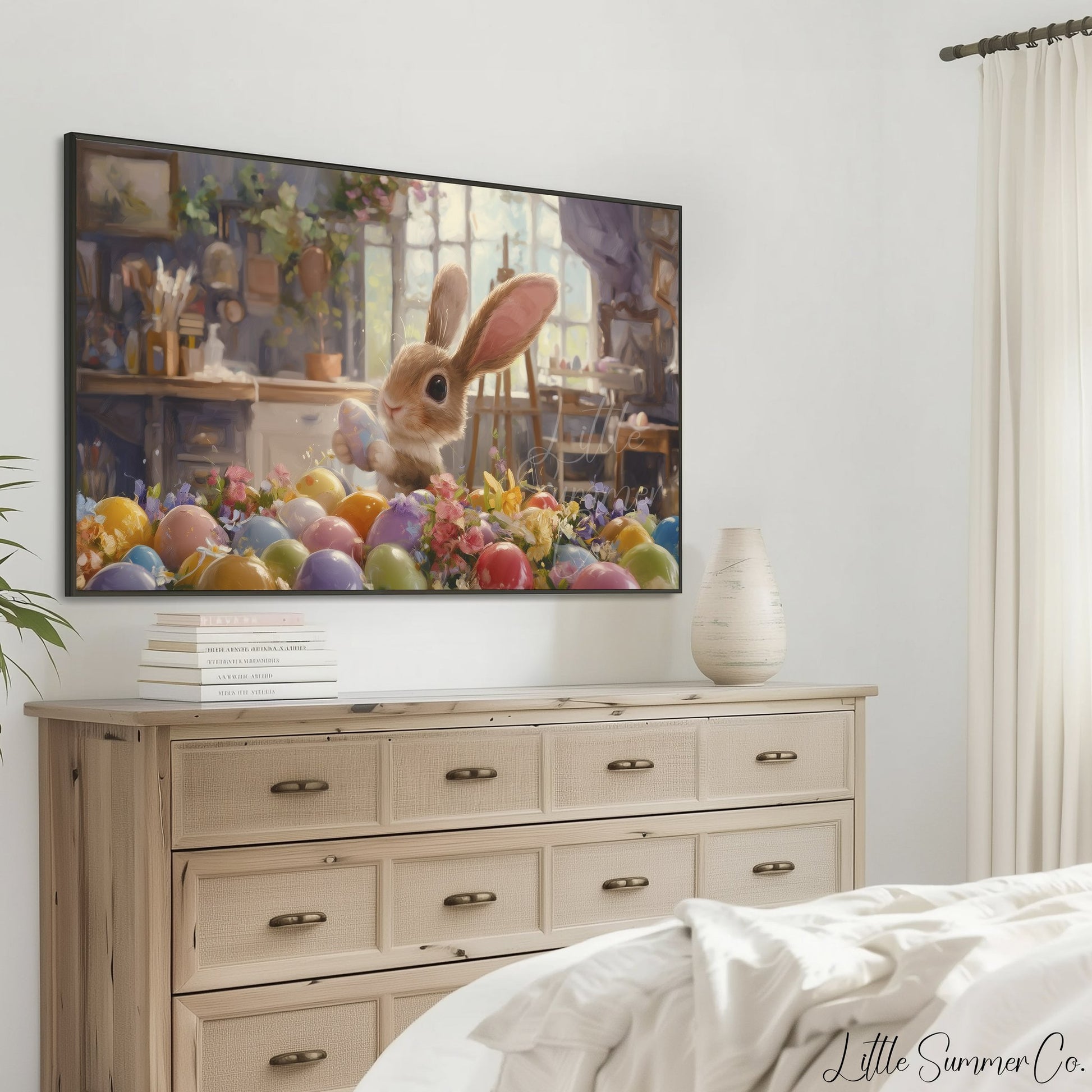 Easter Bunny with Painted Eggs Frame TV Art displayed on a TV