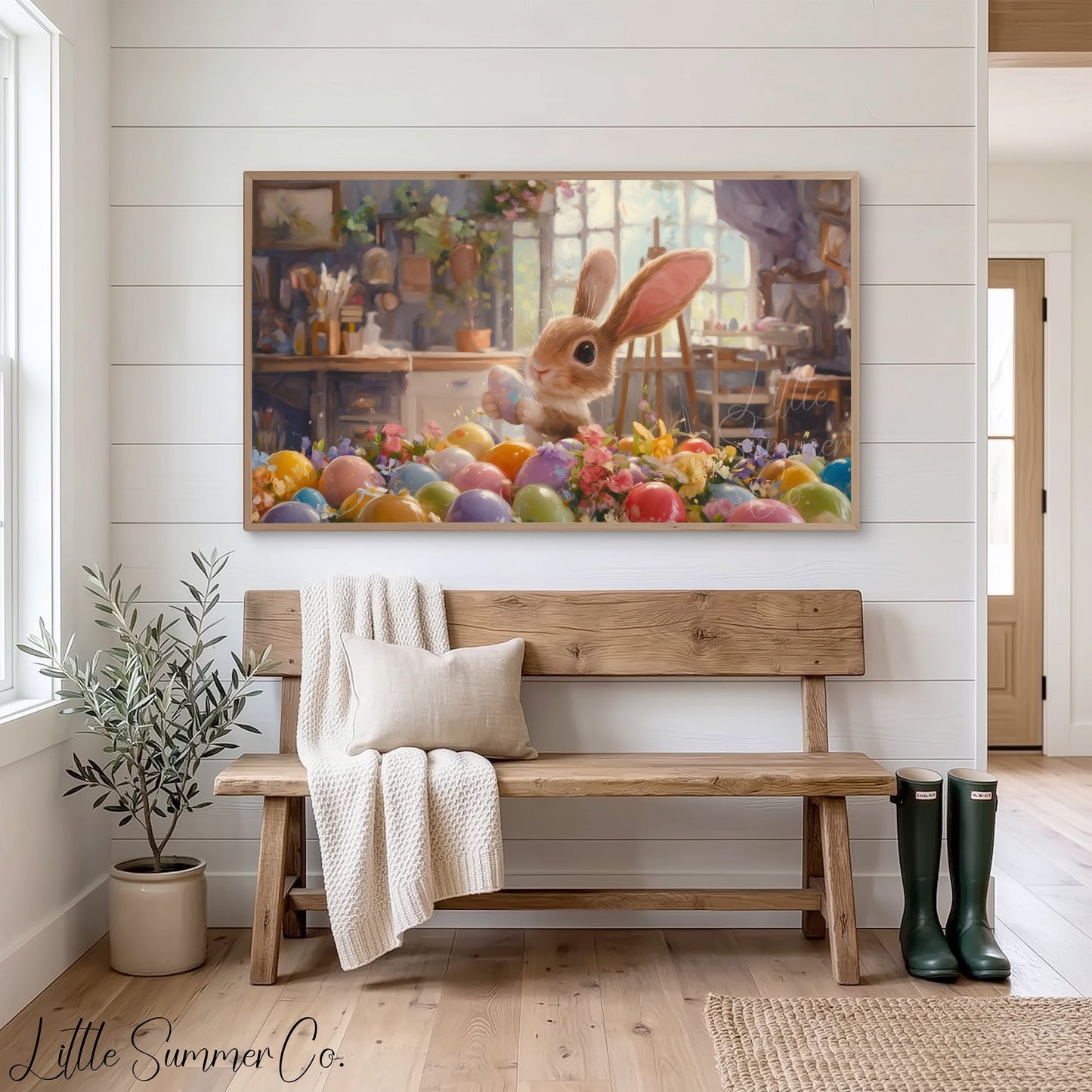 Easter Bunny with Painted Eggs Frame TV Art displayed on a TV