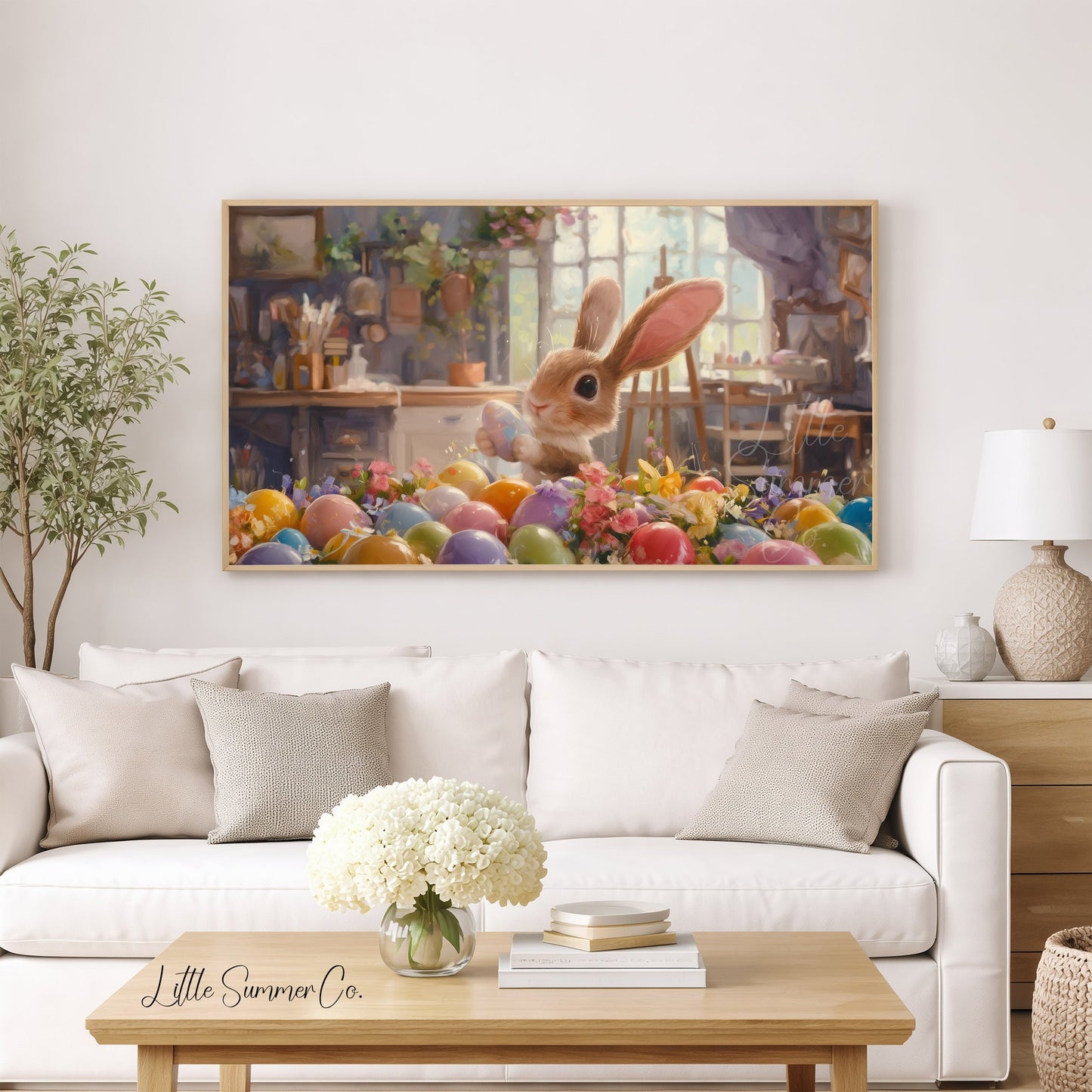 Easter Bunny with Painted Eggs Frame TV Art displayed on a TV