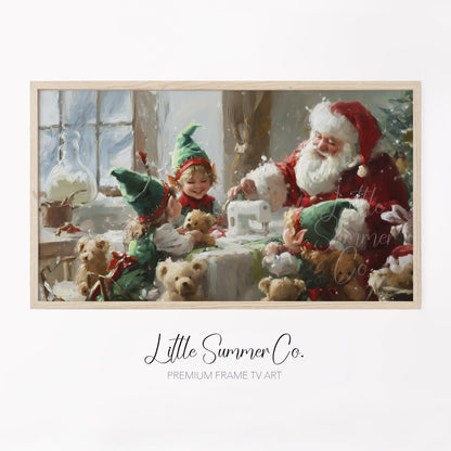 Santa and Elf Sewing Toys Frame TV Art displayed on a TV