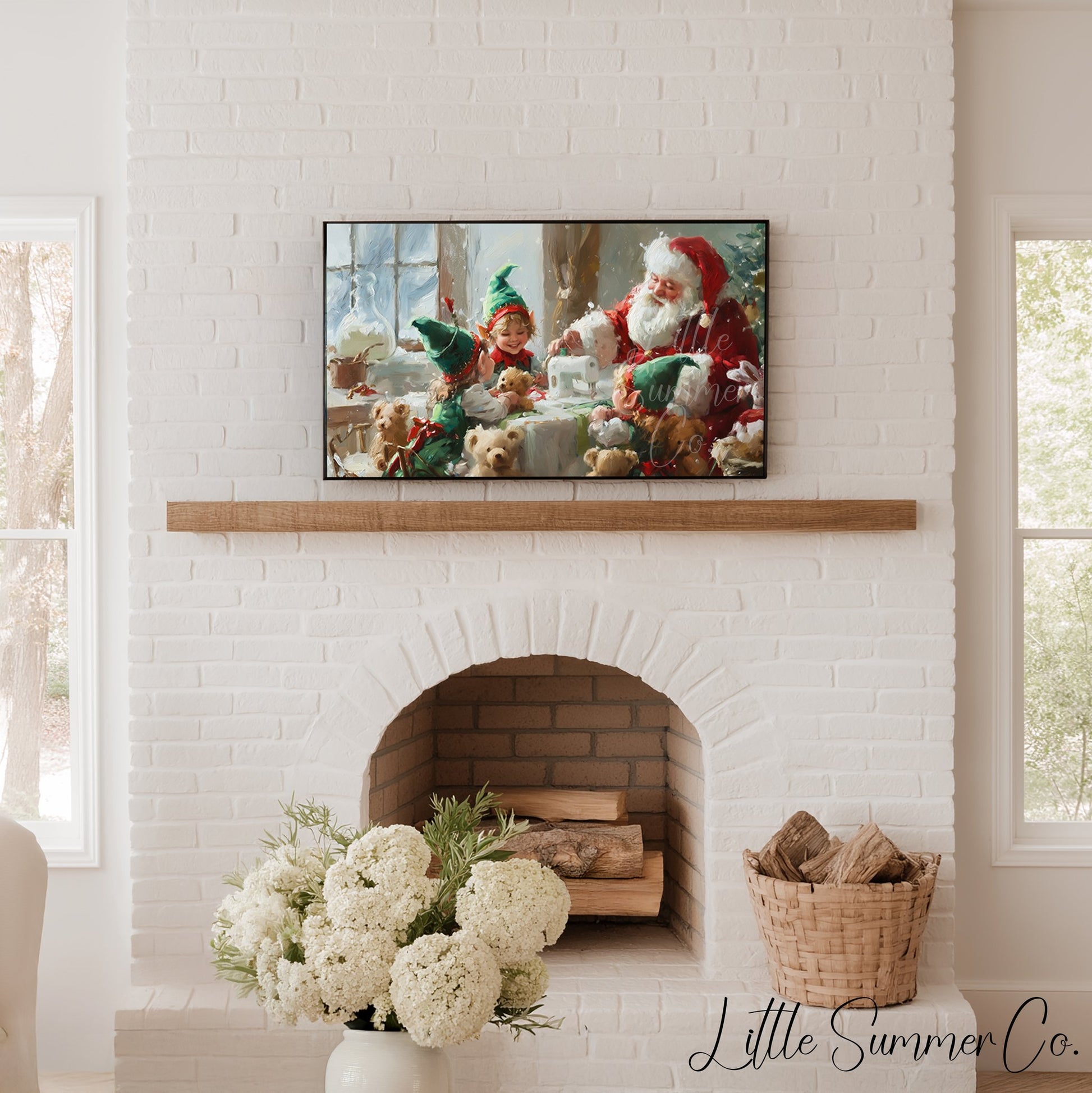 Santa and Elf Sewing Toys Frame TV Art displayed on a TV