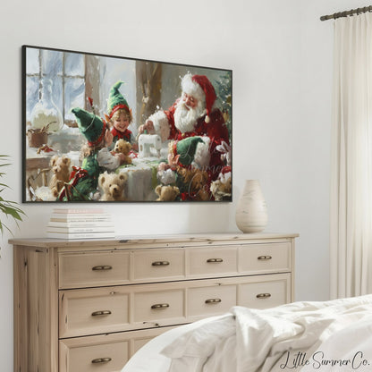 Santa and Elf Sewing Toys Frame TV Art displayed on a TV