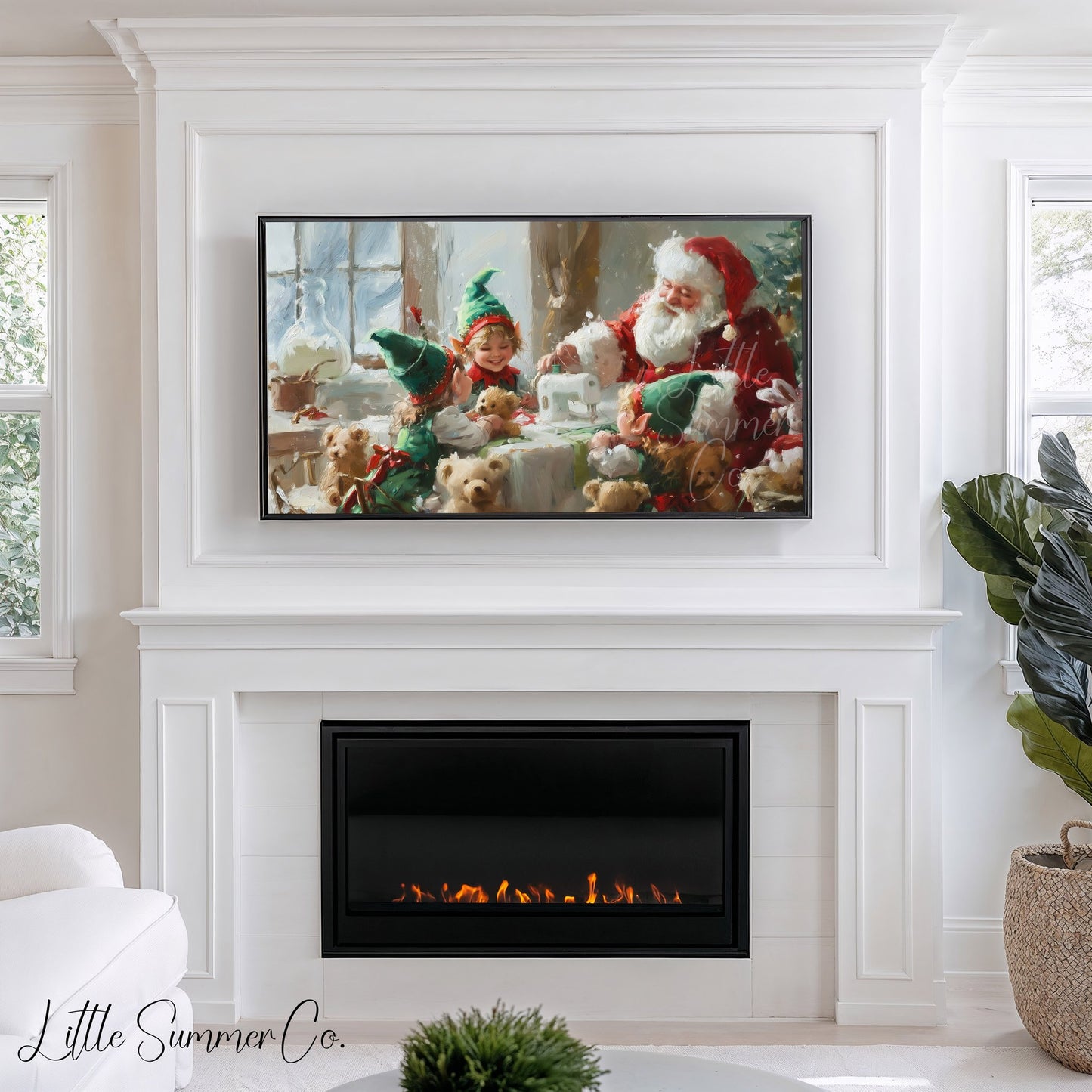 Santa and Elf Sewing Toys Frame TV Art displayed on a TV