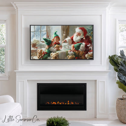 Santa and Elf Sewing Toys Frame TV Art displayed on a TV