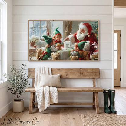 Santa and Elf Sewing Toys Frame TV Art displayed on a TV