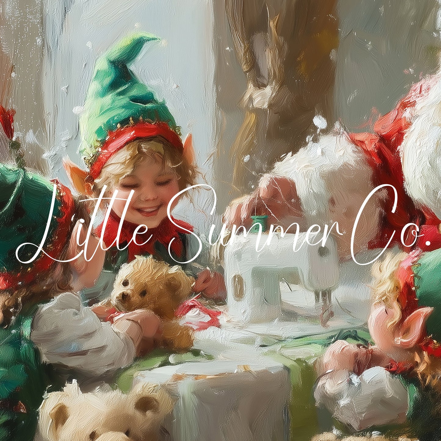 Santa and Elf Sewing Toys Frame TV Art displayed on a TV
