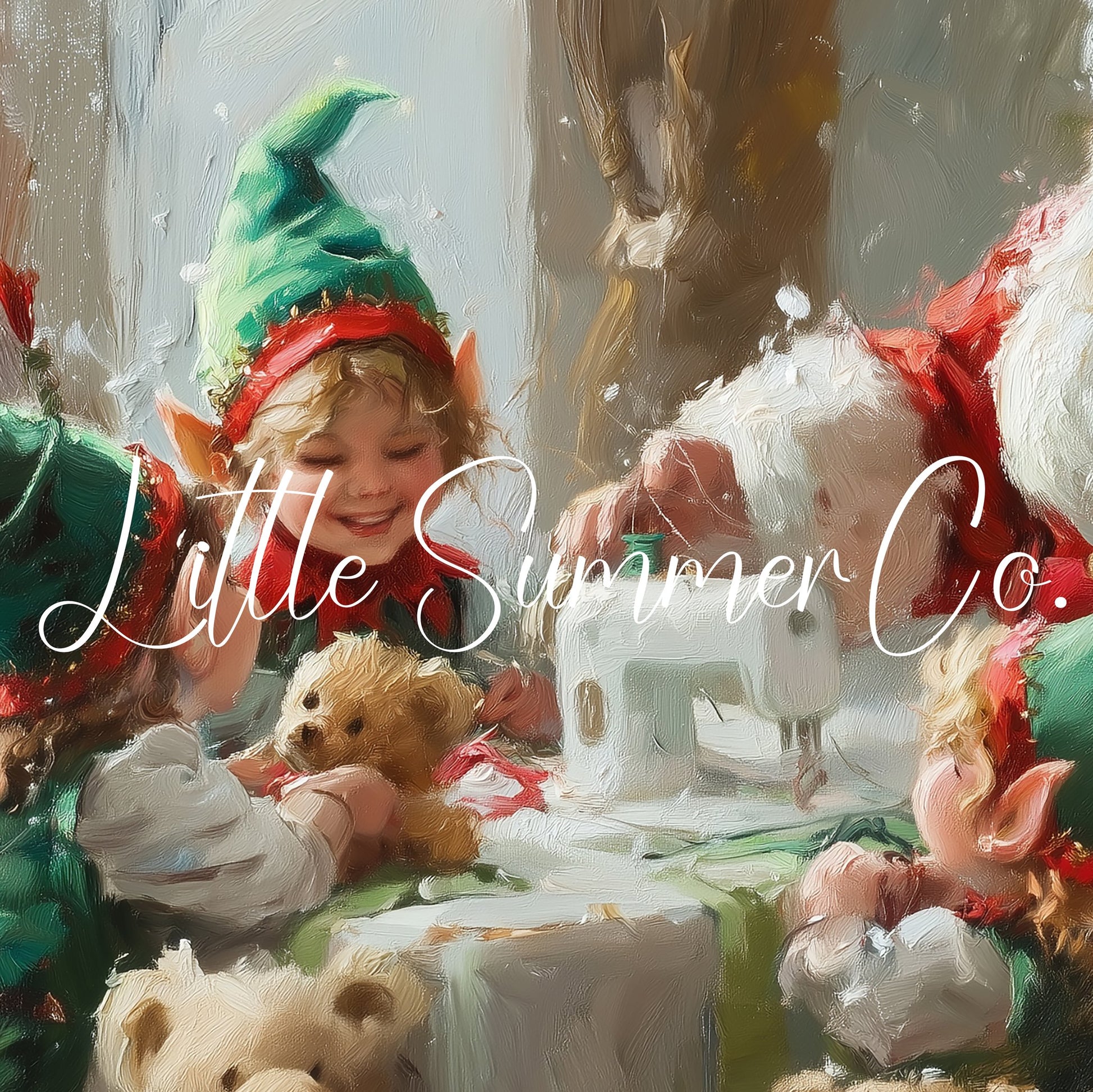 Santa and Elf Sewing Toys Frame TV Art displayed on a TV