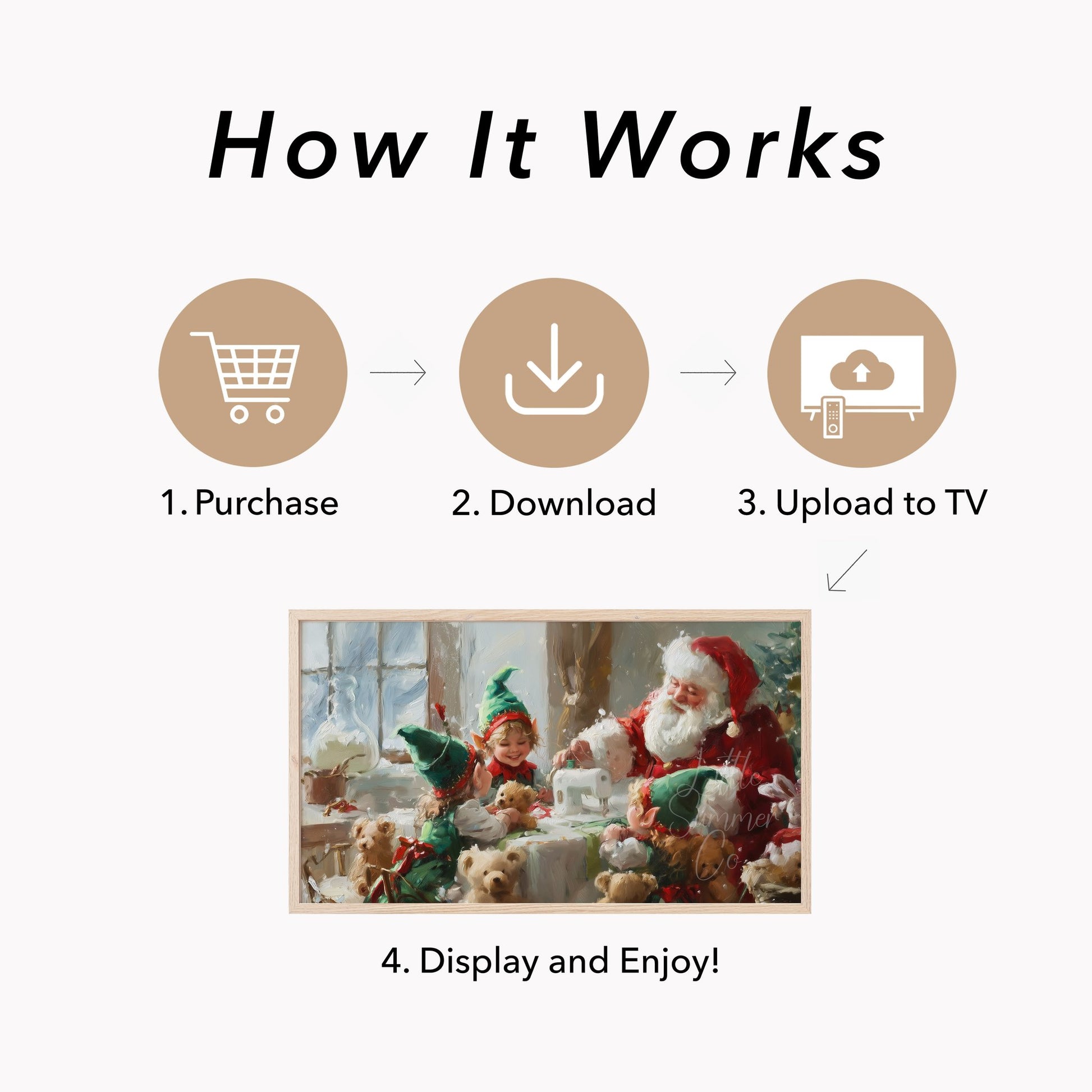 Santa and Elf Sewing Toys Frame TV Art displayed on a TV