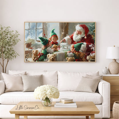 Santa and Elf Sewing Toys Frame TV Art displayed on a TV