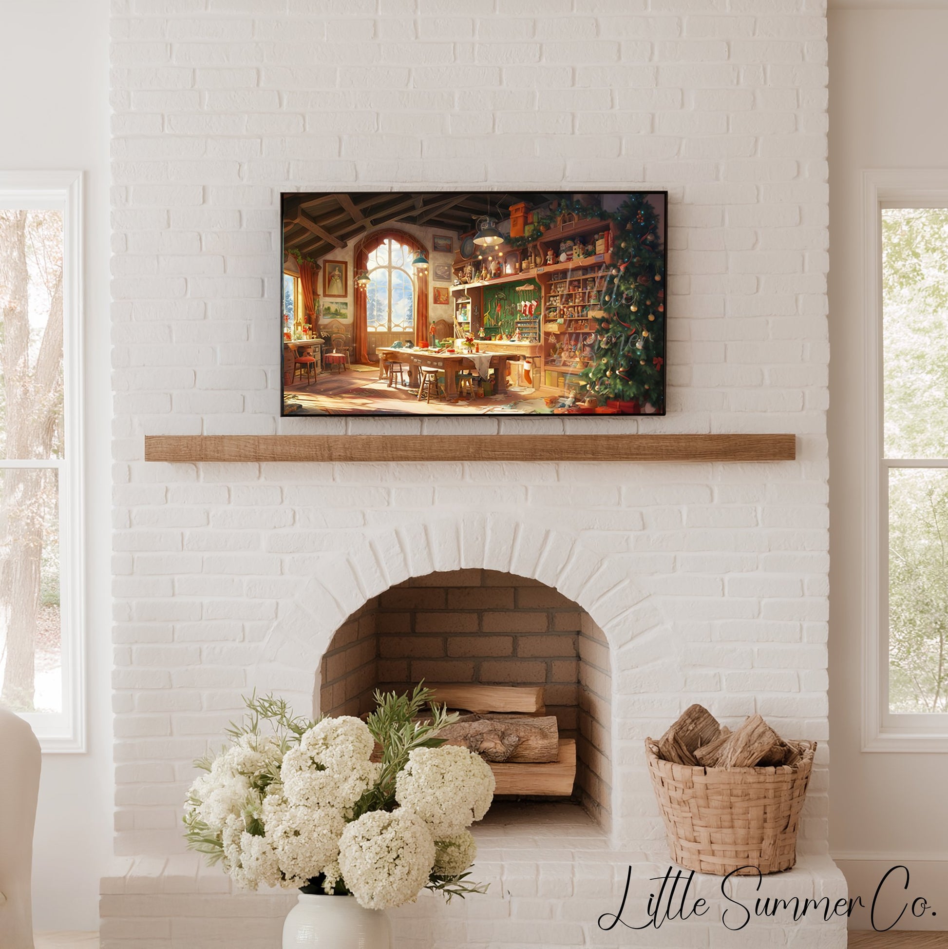 Santa's Toy Workshop Frame TV Art displayed on a TV