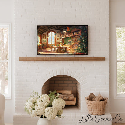 Santa's Toy Workshop Frame TV Art displayed on a TV