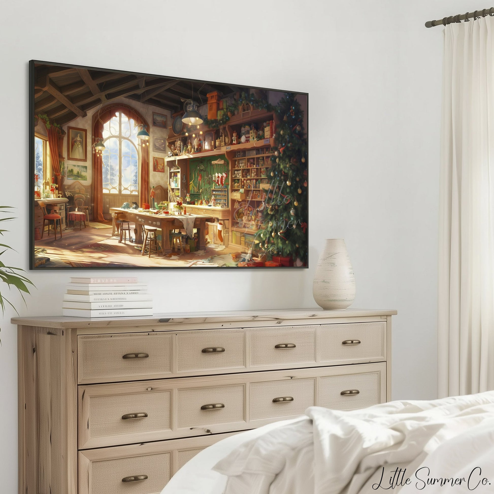 Santa's Toy Workshop Frame TV Art displayed on a TV