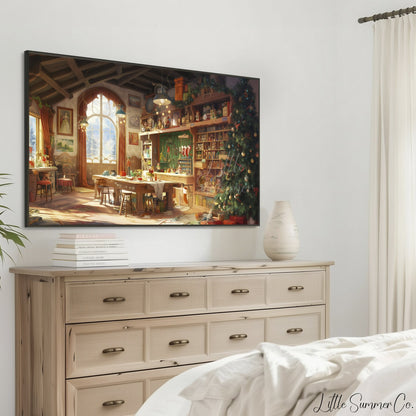 Santa's Toy Workshop Frame TV Art displayed on a TV