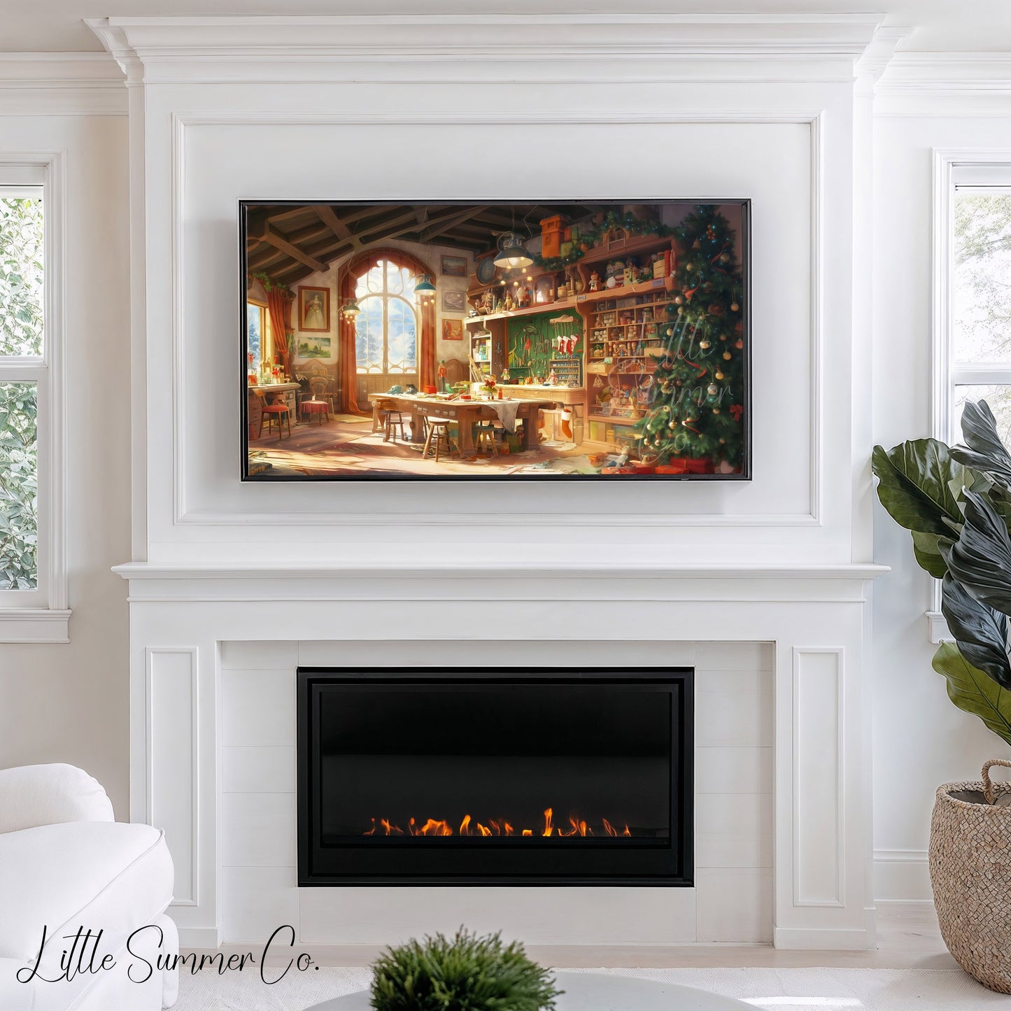 Santa's Toy Workshop Frame TV Art displayed on a TV