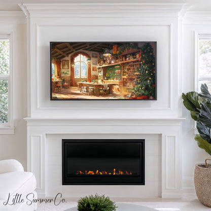 Santa's Toy Workshop Frame TV Art displayed on a TV
