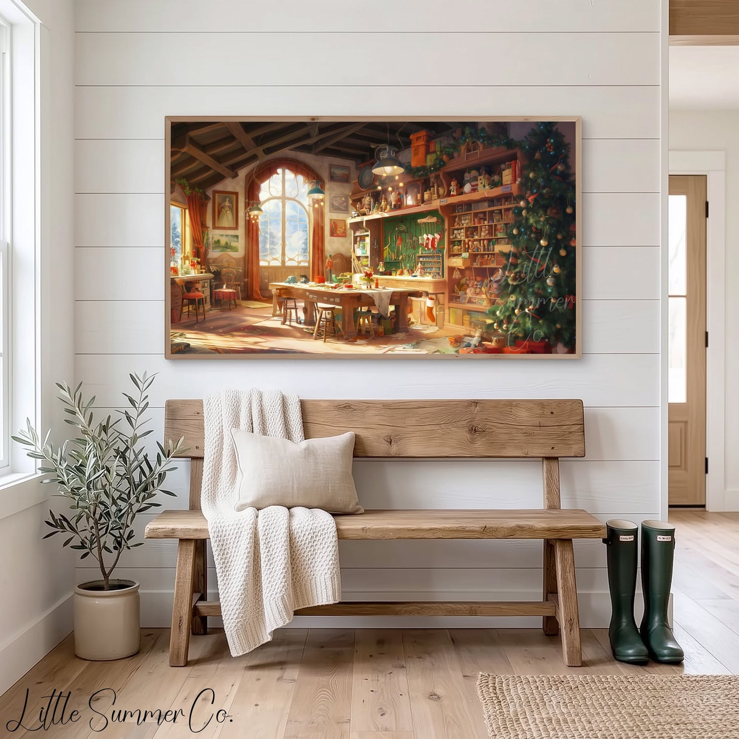 Santa's Toy Workshop Frame TV Art displayed on a TV