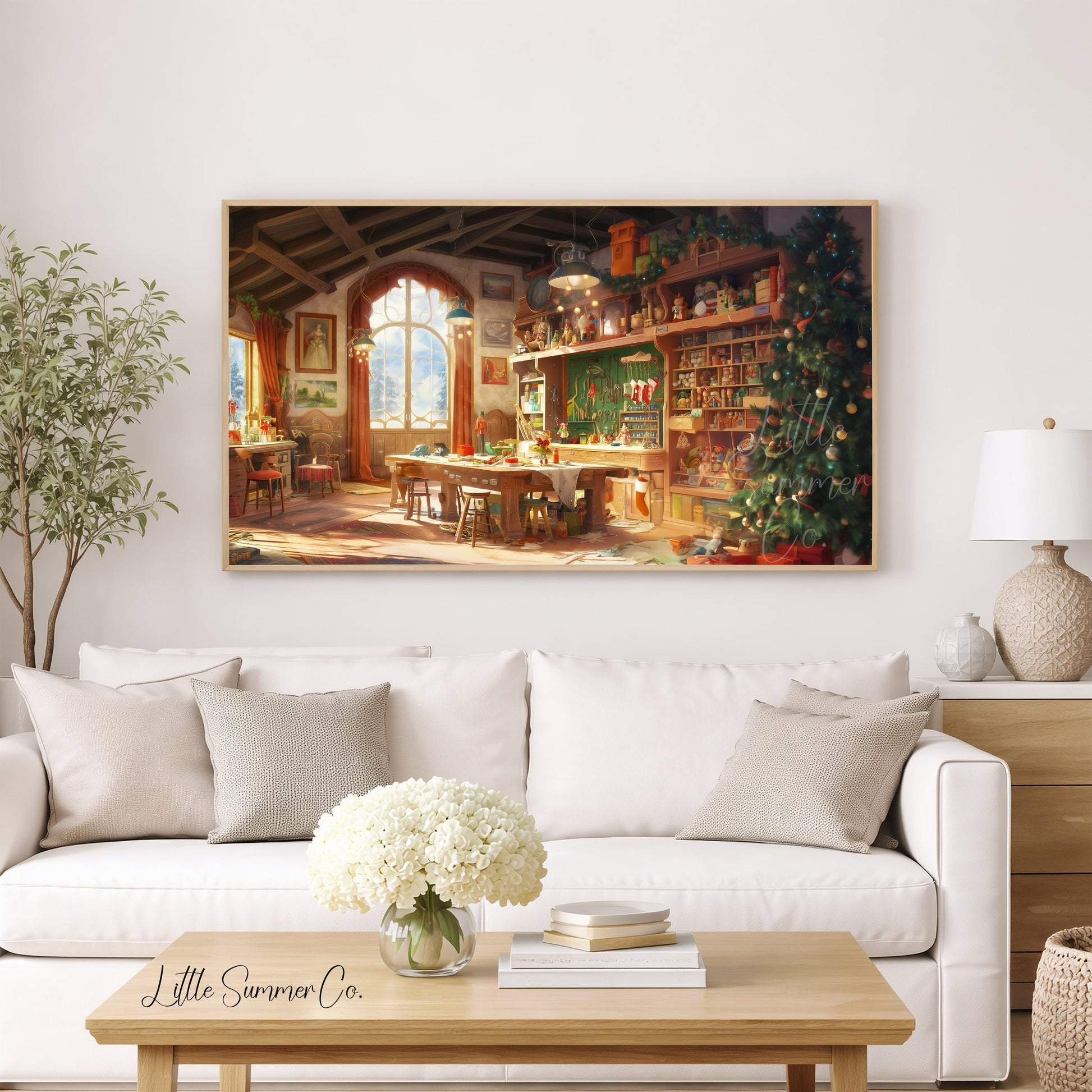 Santa's Toy Workshop Frame TV Art displayed on a TV