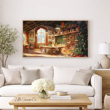 Santa's Toy Workshop Frame TV Art displayed on a TV
