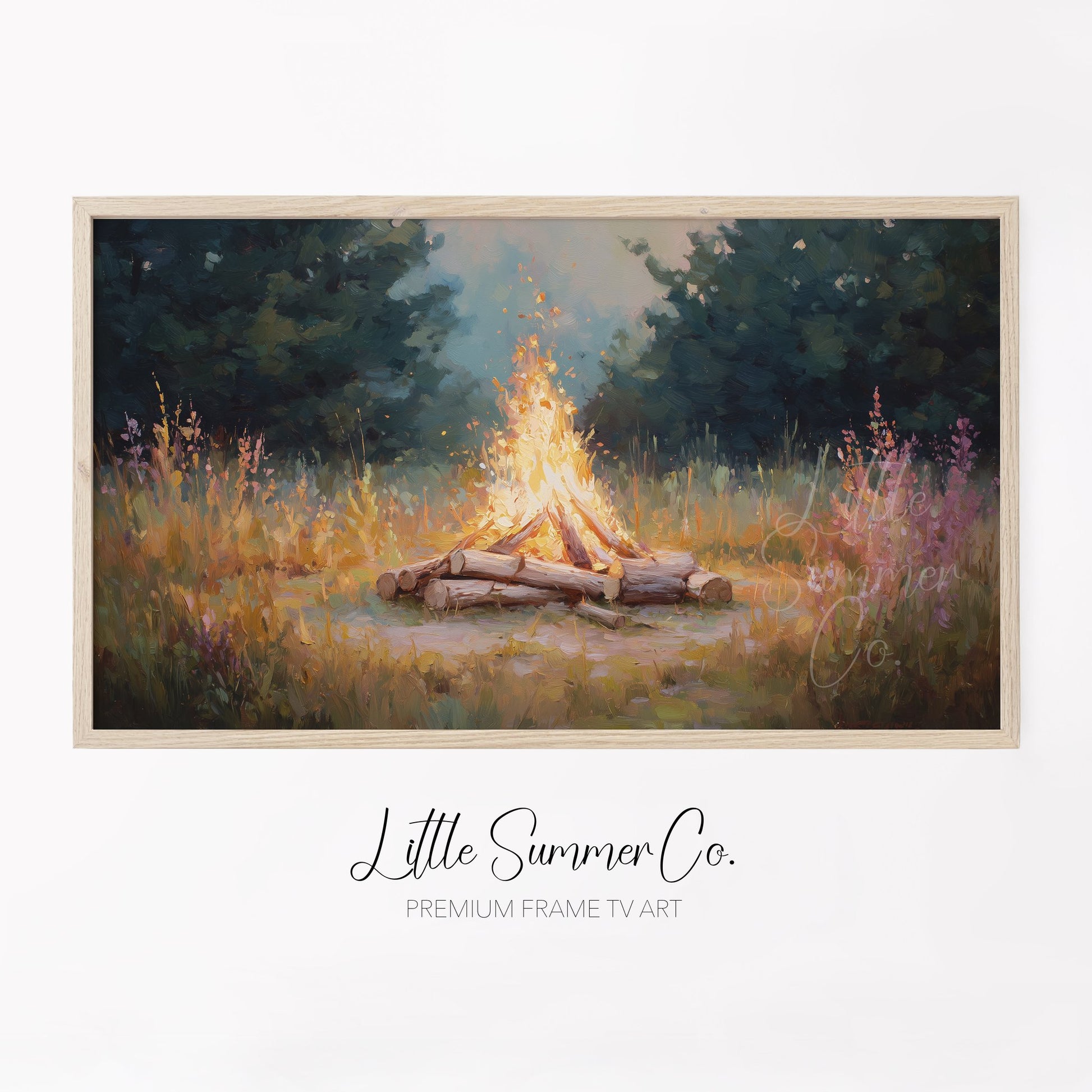 Campfire In Forest Clearing Frame TV Art displayed on a TV