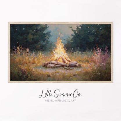 Campfire In Forest Clearing Frame TV Art displayed on a TV