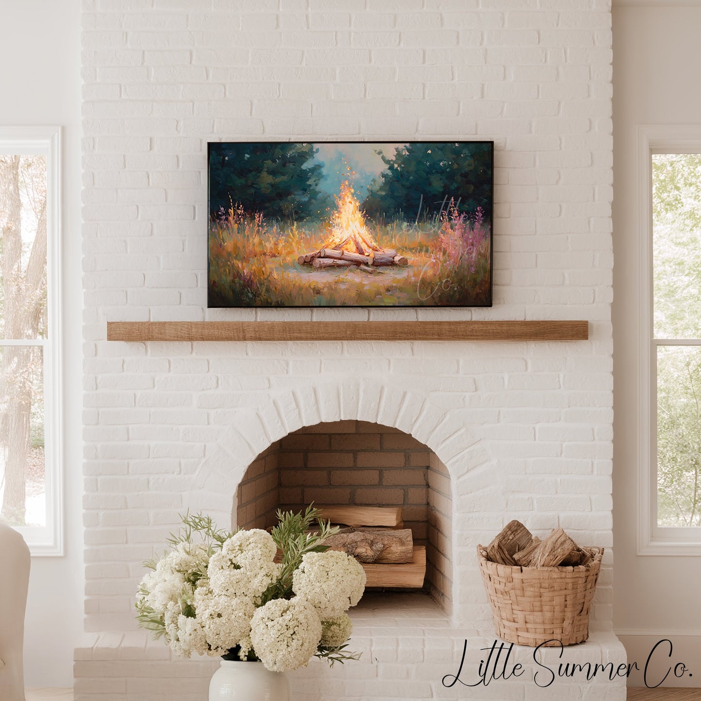 Campfire In Forest Clearing Frame TV Art displayed on a TV
