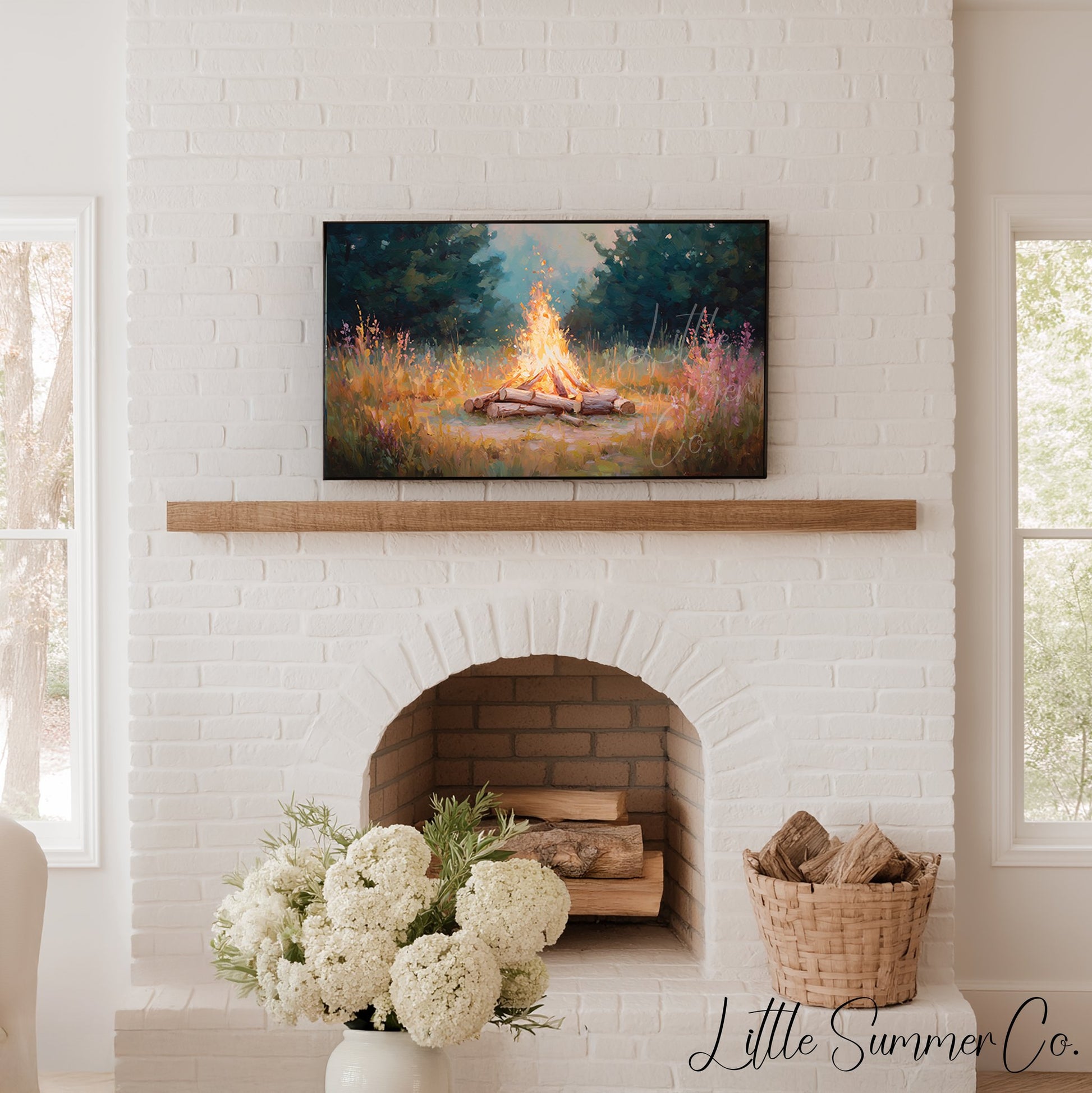 Campfire In Forest Clearing Frame TV Art displayed on a TV