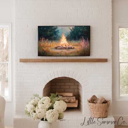 Campfire In Forest Clearing Frame TV Art displayed on a TV