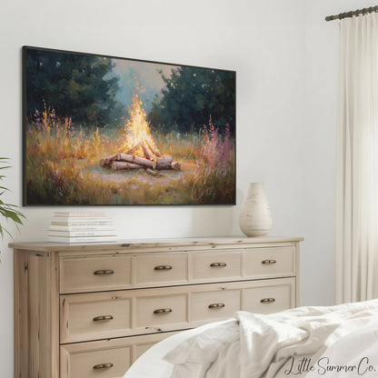 Campfire In Forest Clearing Frame TV Art displayed on a TV