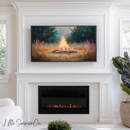 Campfire In Forest Clearing Frame TV Art displayed on a TV