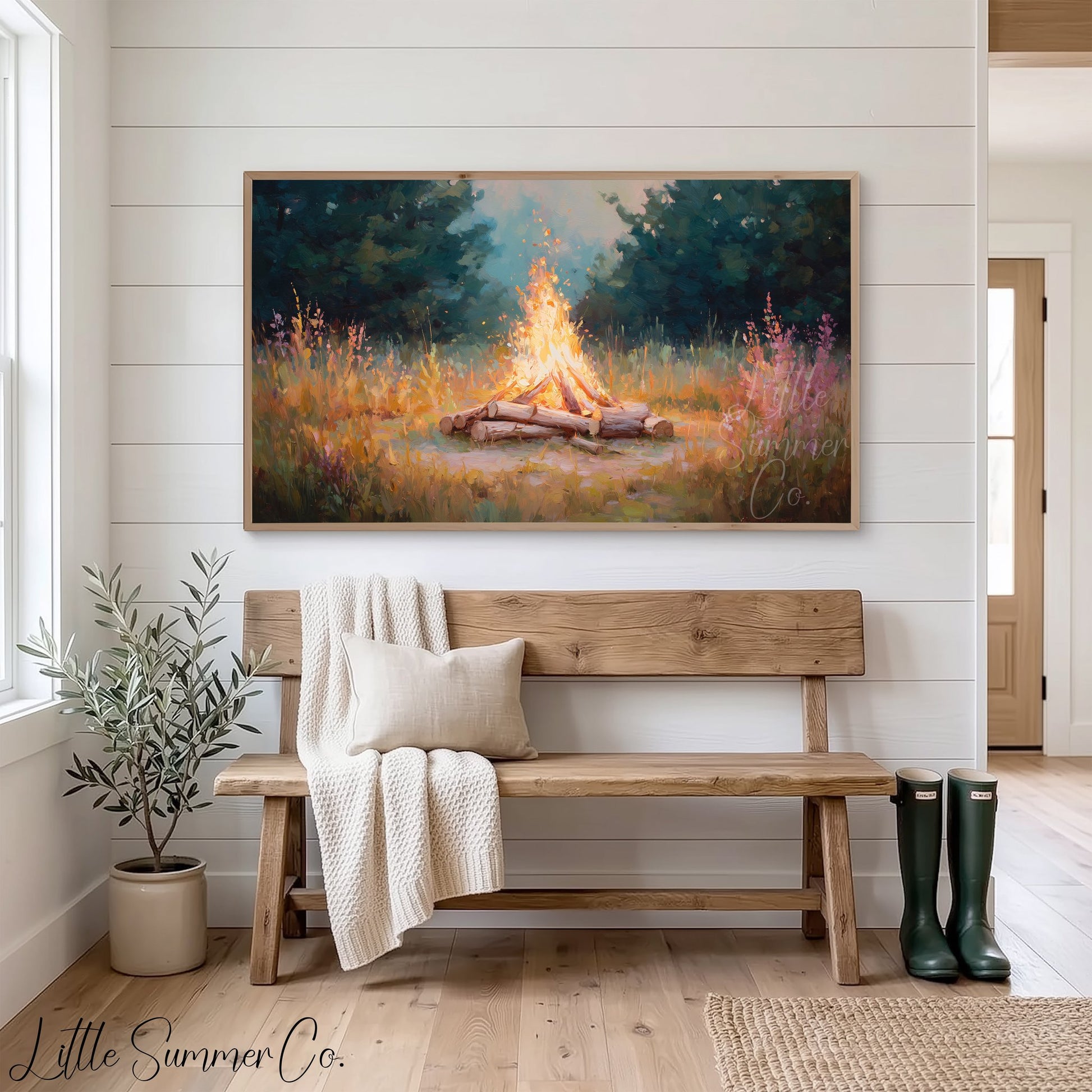 Campfire In Forest Clearing Frame TV Art displayed on a TV