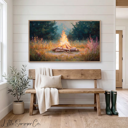 Campfire In Forest Clearing Frame TV Art displayed on a TV