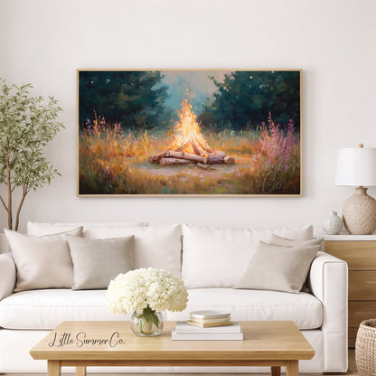 Campfire In Forest Clearing Frame TV Art displayed on a TV