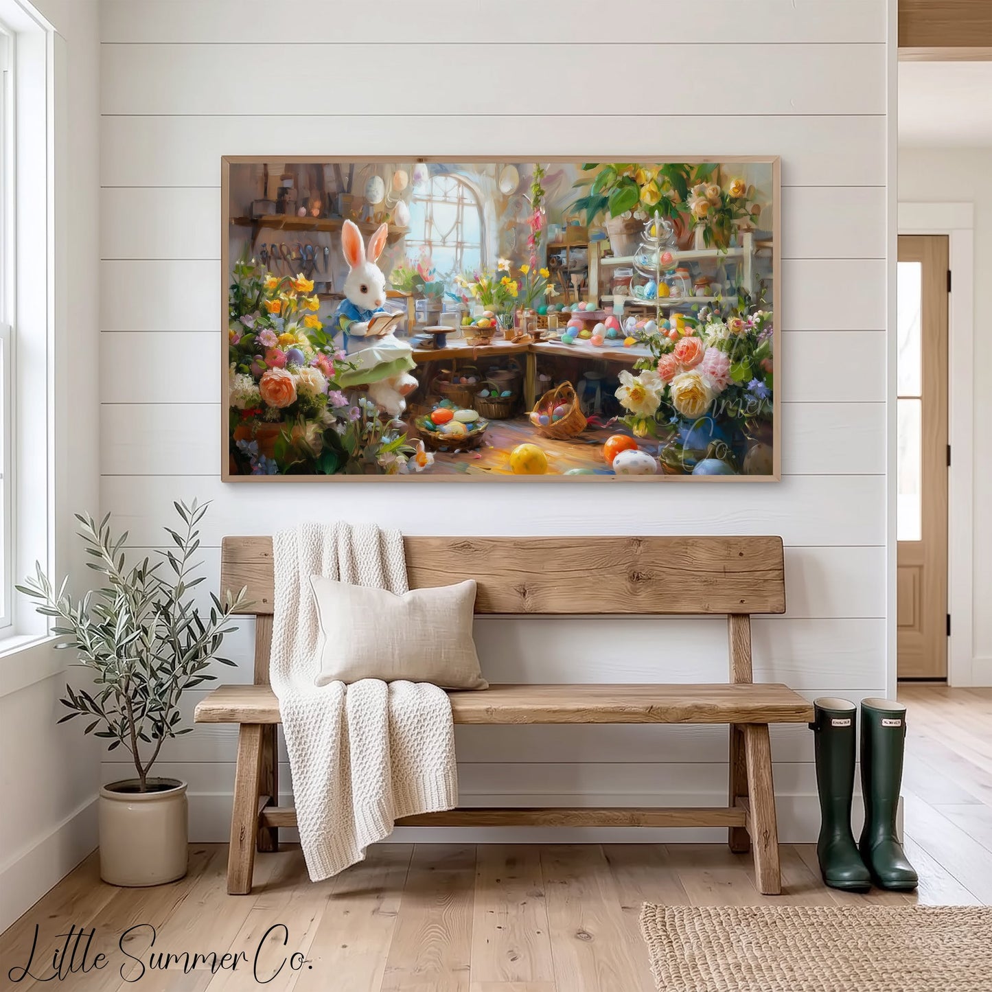 Easter Bunny Flower Workshop Frame TV Art displayed on a TV