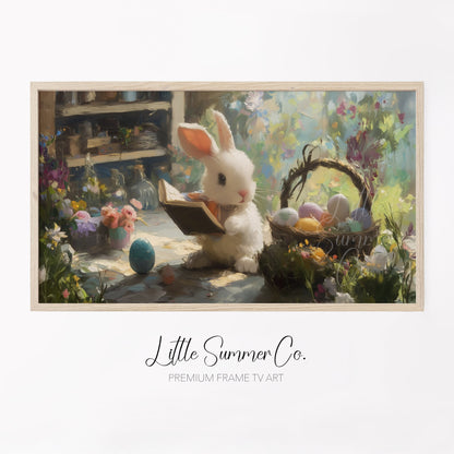 Easter Bunny Reading in Garden Frame TV Art displayed on a TV