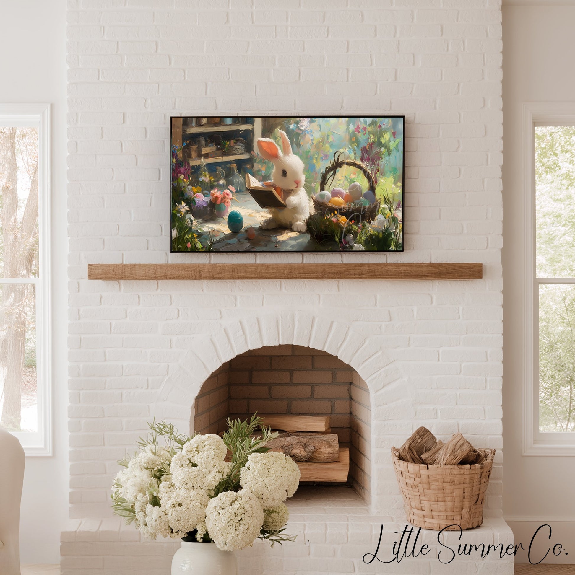 Easter Bunny Reading in Garden Frame TV Art displayed on a TV