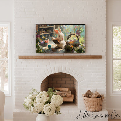 Easter Bunny Reading in Garden Frame TV Art displayed on a TV