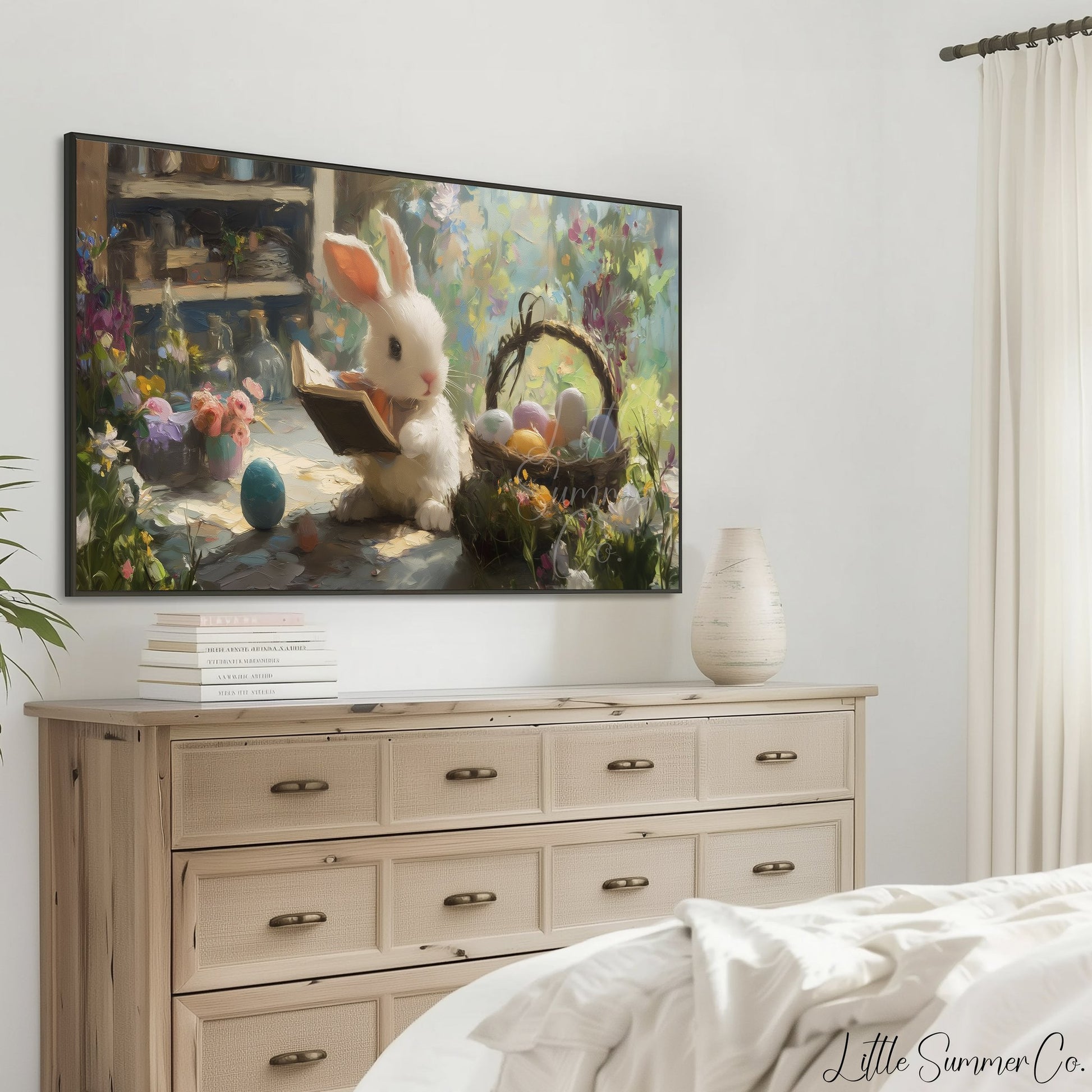 Easter Bunny Reading in Garden Frame TV Art displayed on a TV