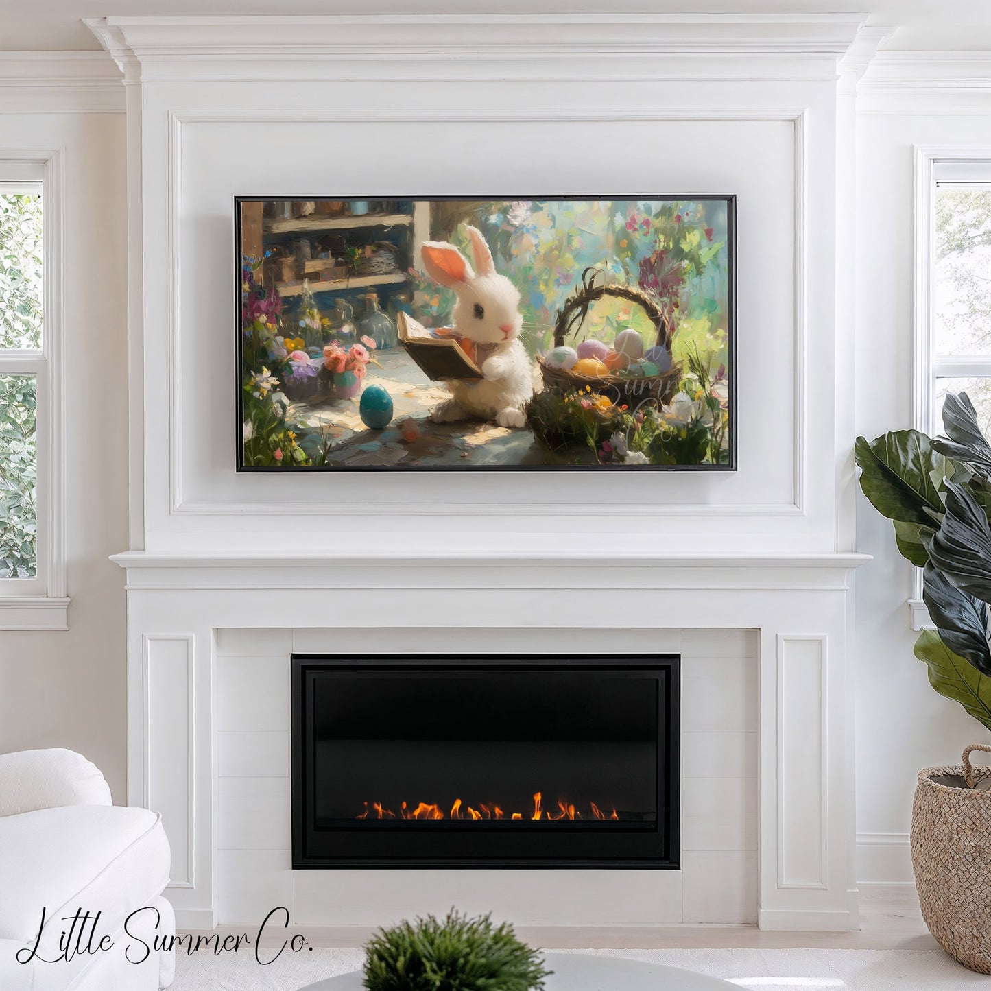 Easter Bunny Reading in Garden Frame TV Art displayed on a TV