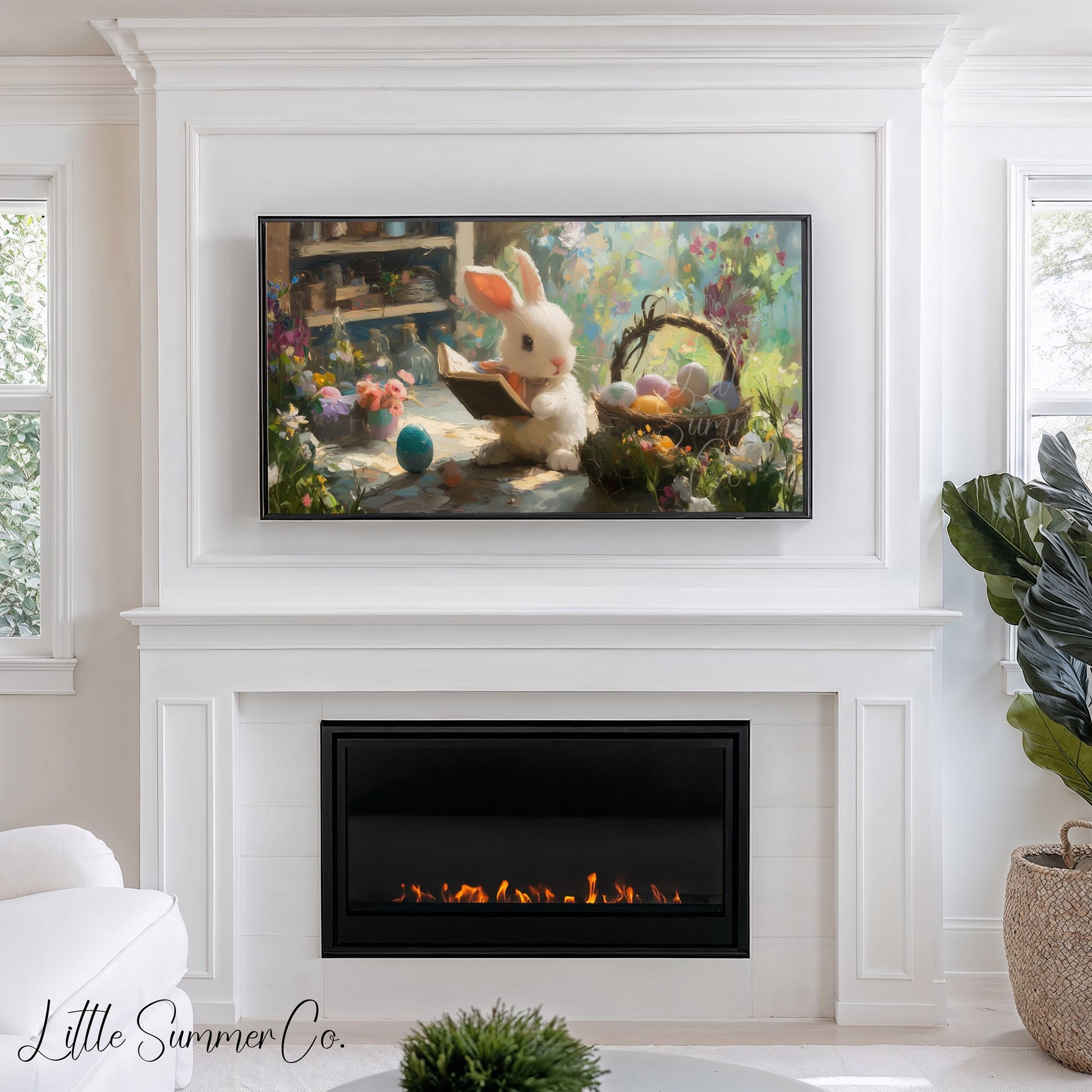 Easter Bunny Reading in Garden Frame TV Art displayed on a TV