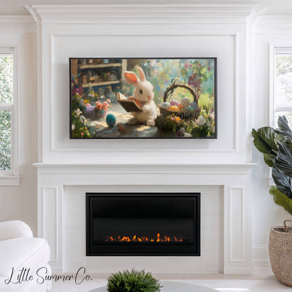 Easter Bunny Reading in Garden Frame TV Art displayed on a TV