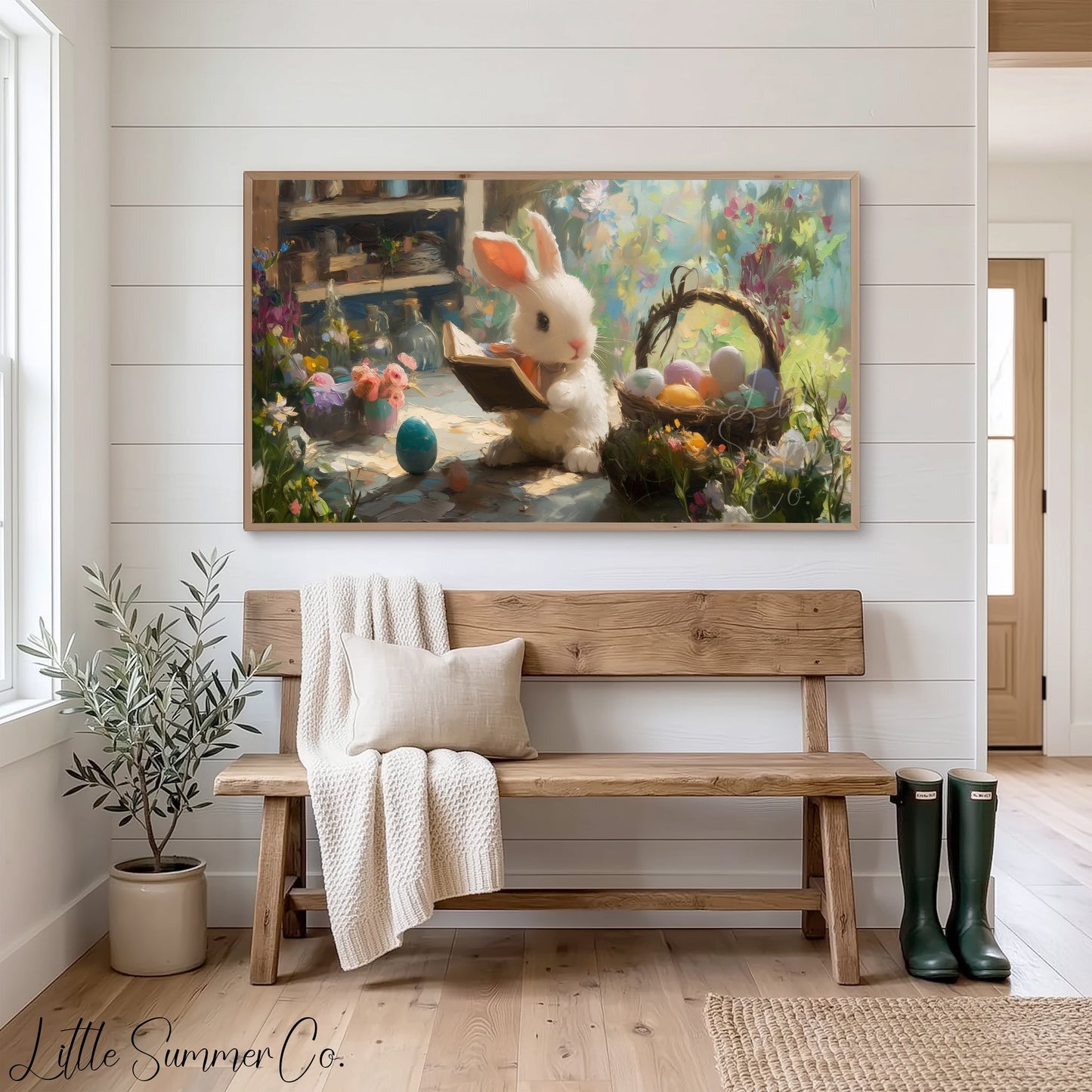 Easter Bunny Reading in Garden Frame TV Art displayed on a TV