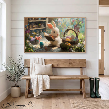 Easter Bunny Reading in Garden Frame TV Art displayed on a TV