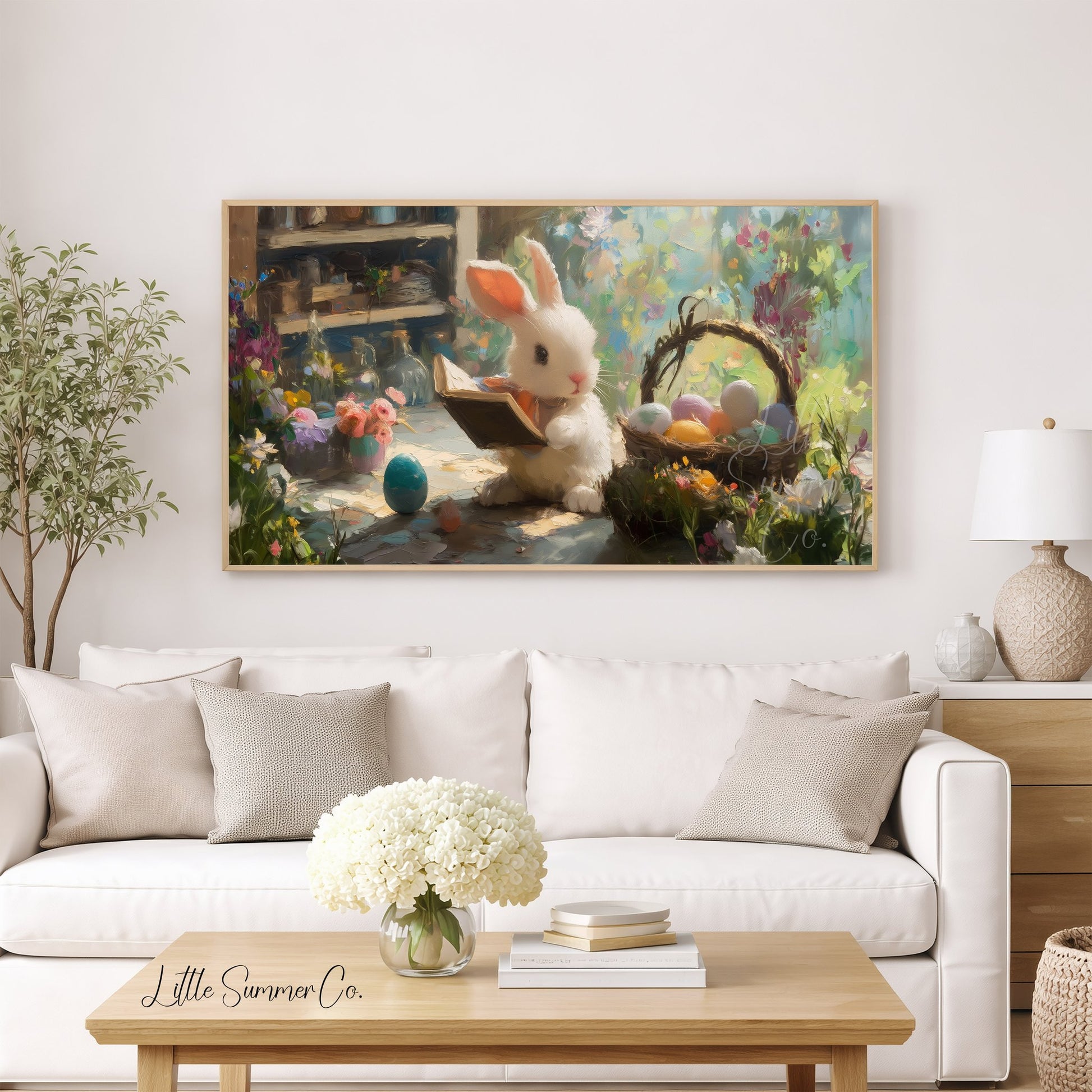 Easter Bunny Reading in Garden Frame TV Art displayed on a TV