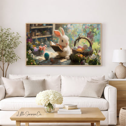 Easter Bunny Reading in Garden Frame TV Art displayed on a TV