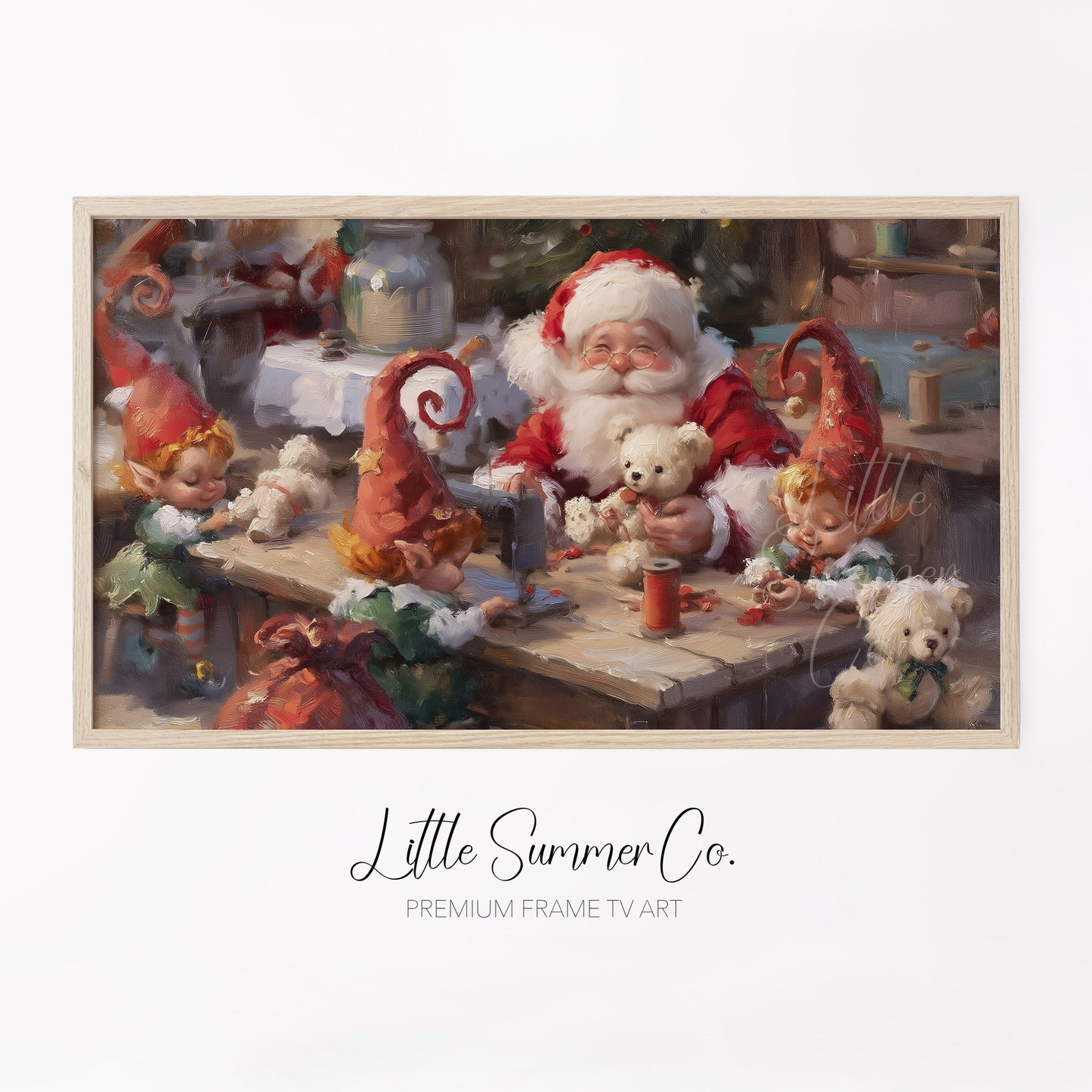 Santa and Elves Making Toys Frame TV Art displayed on a TV