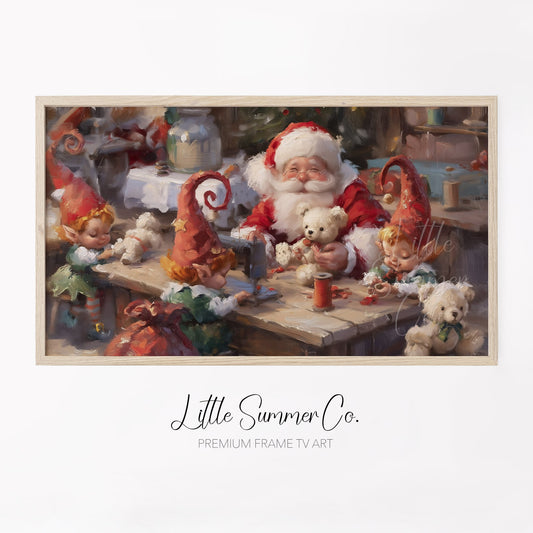 Santa and Elves Making Toys Frame TV Art displayed on a TV