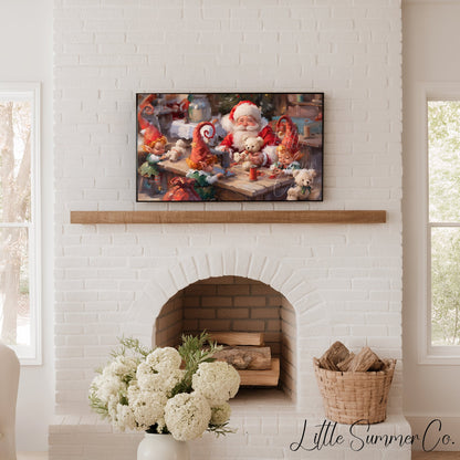 Santa and Elves Making Toys Frame TV Art displayed on a TV