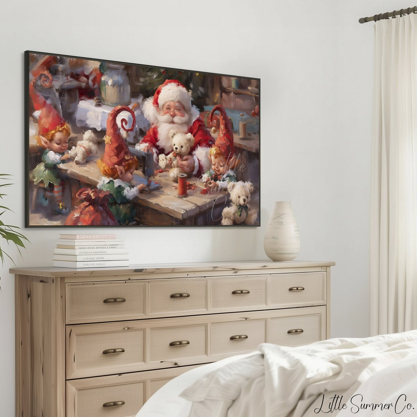 Santa and Elves Making Toys Frame TV Art displayed on a TV